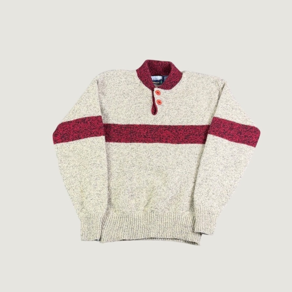 Vintage Fieldmaster Ragg Wool Henley Sweater Mens Large Gray Red Stripe USA